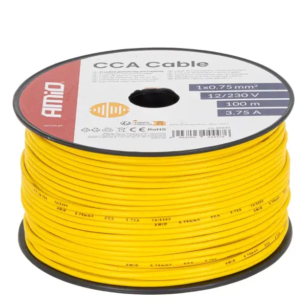 Yksijohtiminen CCA-kaapeli, keltainen, 1x0,75mm² 100m 3,75A 12/230V AMIO-04447 | Pian loppu