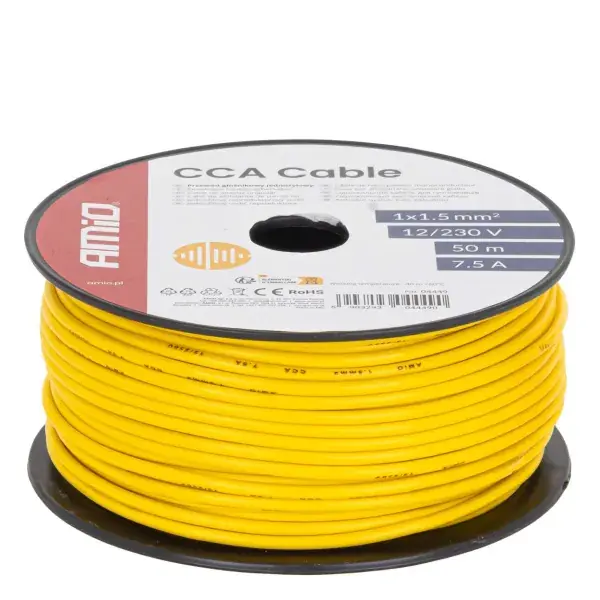 Yksijohtiminen CCA-kaapeli, keltainen, 1x1,5mm² 50m 7,5A 12/230V AMIO-04449 - Tehdashinta