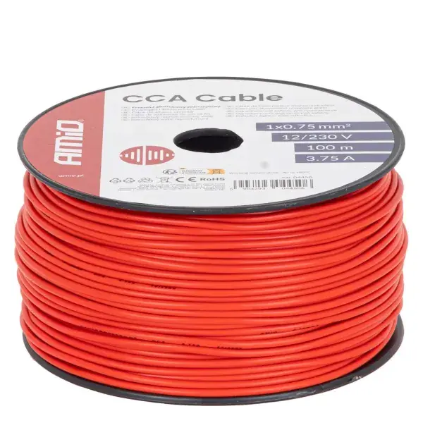 Yksijohtiminen CCA-kaapeli, punainen, 1x0,75mm² 100m 3,75A 12/230V AMIO-04450 - Saatavilla