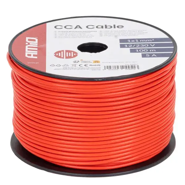 Yksijohtiminen CCA-kaapeli, punainen, 1x1mm² 100m 5A 12/230V AMIO-04451 - Hinnanalennus