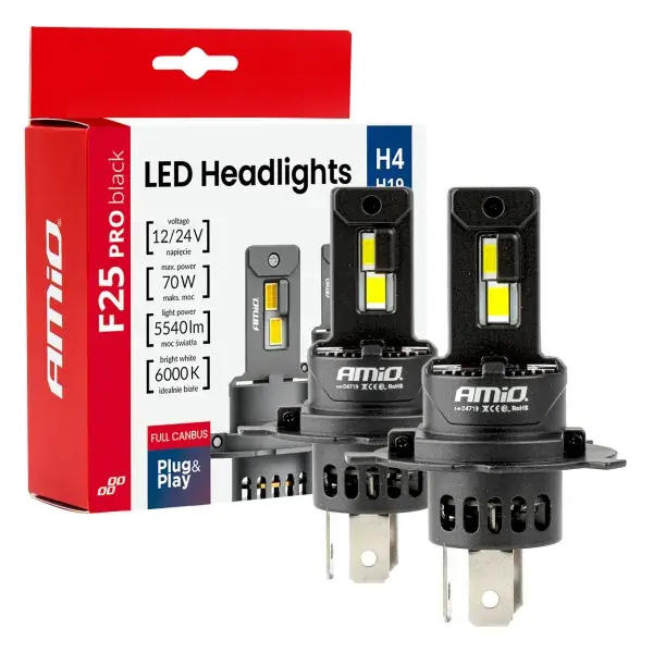 Alennus - LED-ajovalopolttimot F25 PRO MUSTA TÄYSIN CANBUS H4 H19 70W 12V 24V AMIO-04719