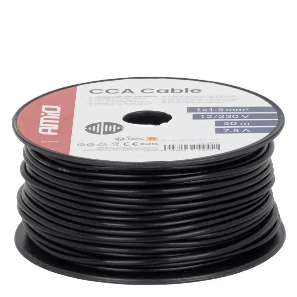 Yksijohtiminen CCA-kaapeli, musta, 1x1,5mm² 50m 7,5A 12/230V AMIO-04455 - Kiirehdi
