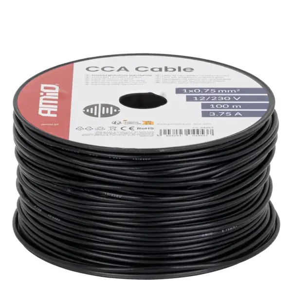 Yksijohtiminen CCA-kaapeli, musta, 1x0,75 mm² 100 m 12/230V AMIO-04453 | Viimeinen mahdollisuus
