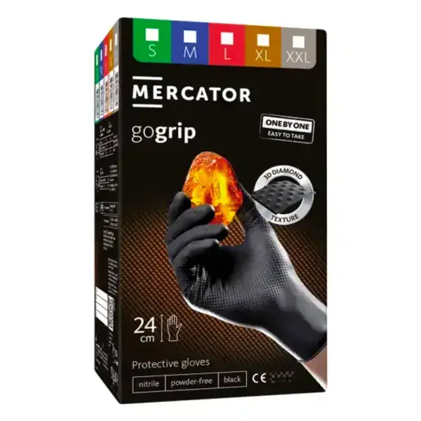 Viimeiset kappaleet | Nitriilikäsineet Mercator GoGrip ONE-BY-ONE, mustat, XXL, 100 kpl.