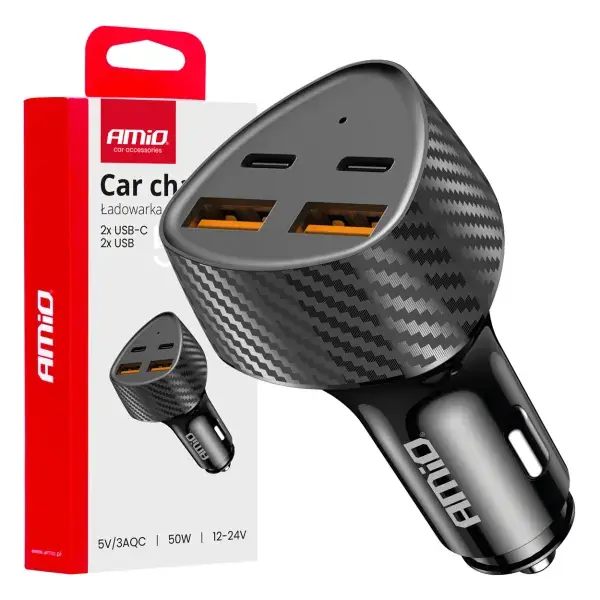 Alennettu hinta - Autolaturi 50W 2xUSB-A + 2xUSB-C AMIO-04284