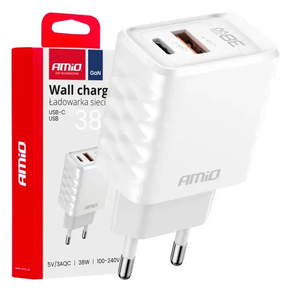 Älä missaa tarjousta - Seinälaturi Pikalataus GaN 38W USB-A + USB-C AMIO-04287
