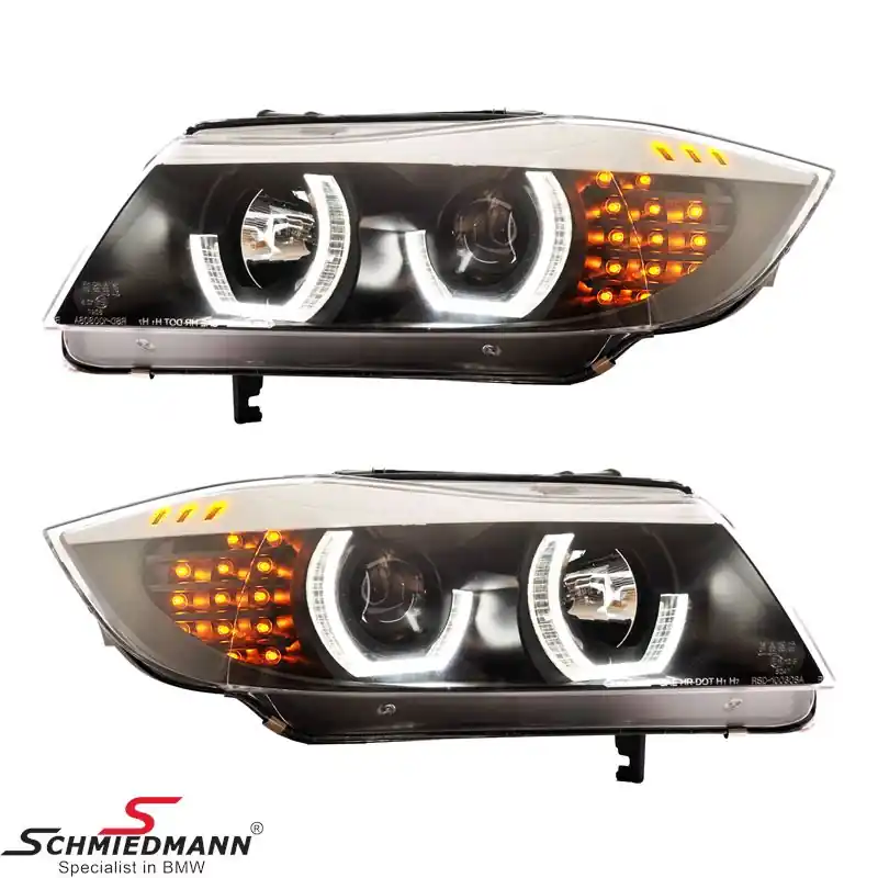Ajovalosarja E90 LCI 08-11, Halogeeni H1/H7, F3D angel eyes tummalla pohajalla - Kiirehdi